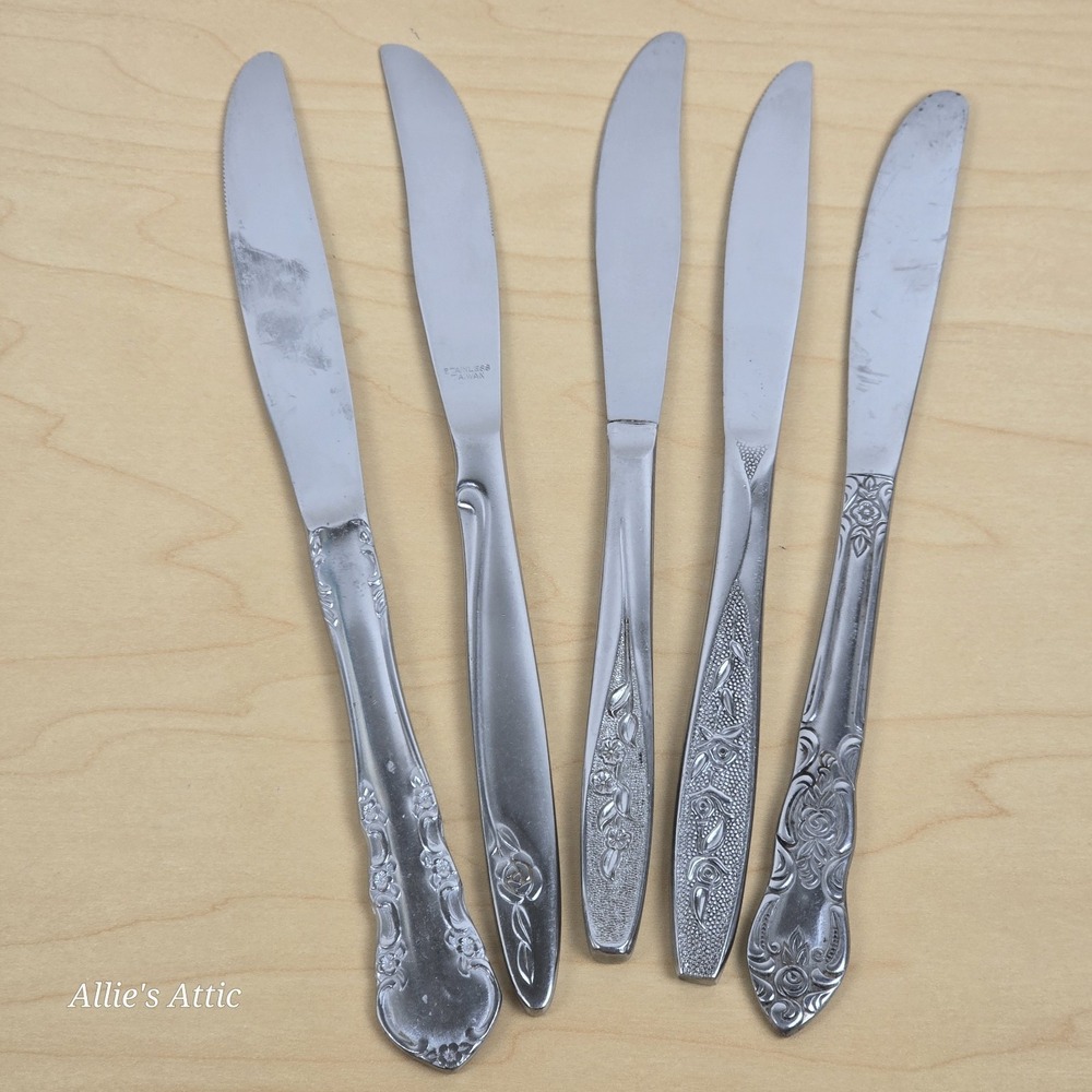 Vintage Butter Knife Flatware Mixed Knives Stainless Steel Floral Korea Lot Of 5